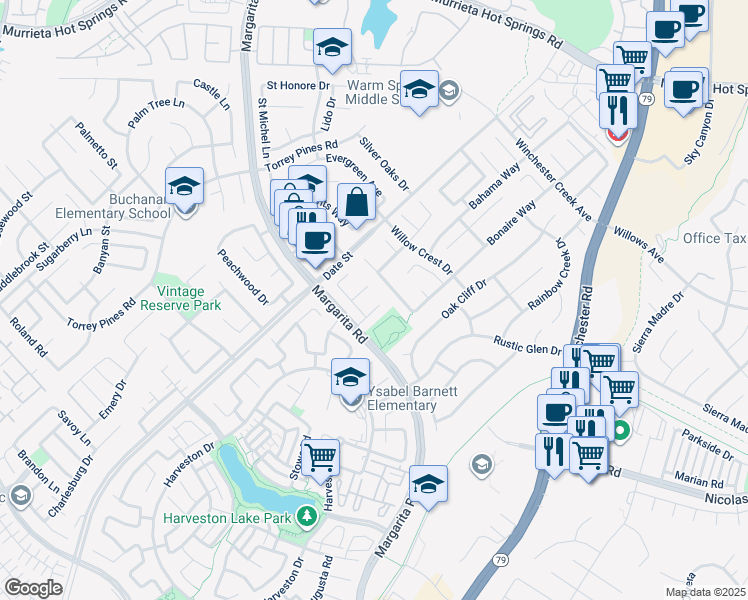 map of restaurants, bars, coffee shops, grocery stores, and more near 27124 Greenstone Street in Temecula