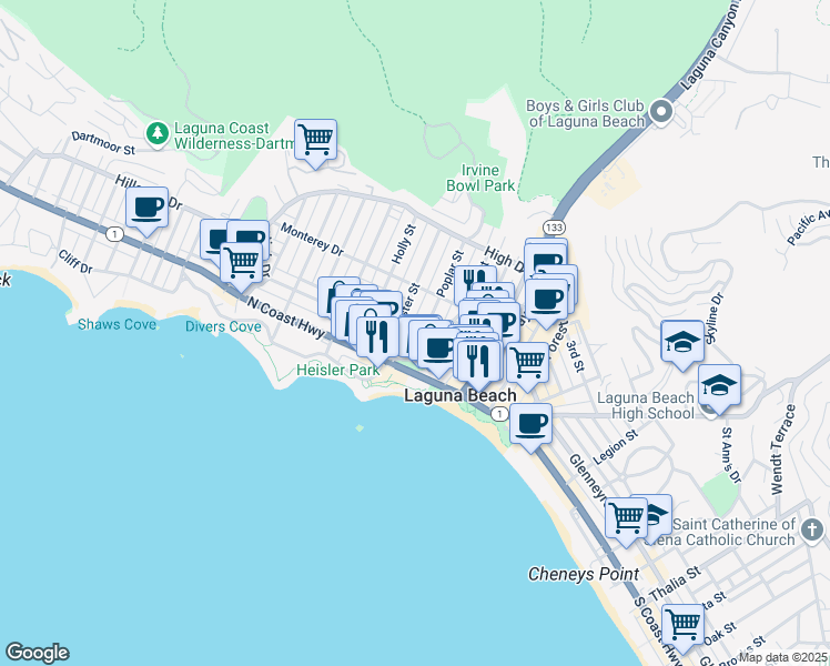 map of restaurants, bars, coffee shops, grocery stores, and more near 278 Cypress Drive in Laguna Beach