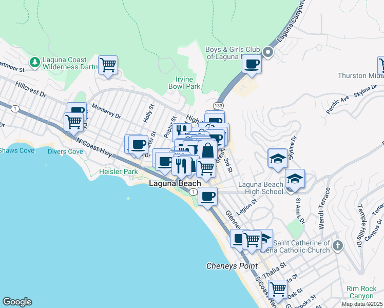 map of restaurants, bars, coffee shops, grocery stores, and more near in Laguna Beach