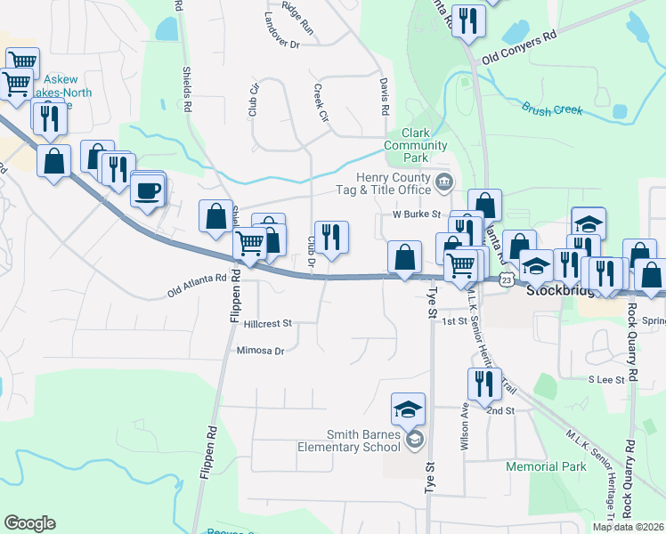 map of restaurants, bars, coffee shops, grocery stores, and more near 4938 North Henry Boulevard in Stockbridge