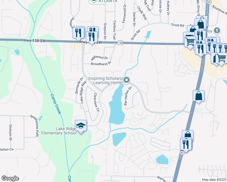 map of restaurants, bars, coffee shops, grocery stores, and more near 7706 Lakeshore Court in Riverdale