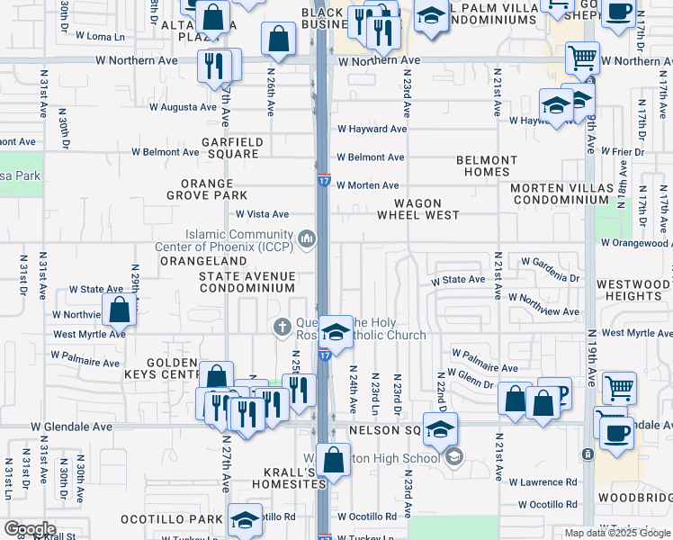 map of restaurants, bars, coffee shops, grocery stores, and more near 7315 North Black Canyon Highway in Phoenix