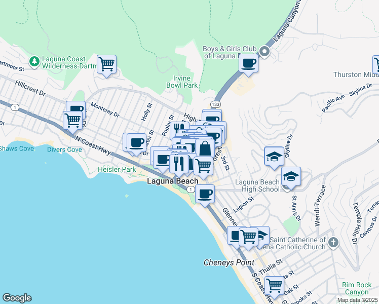map of restaurants, bars, coffee shops, grocery stores, and more near 312 Broadway Street in Laguna Beach