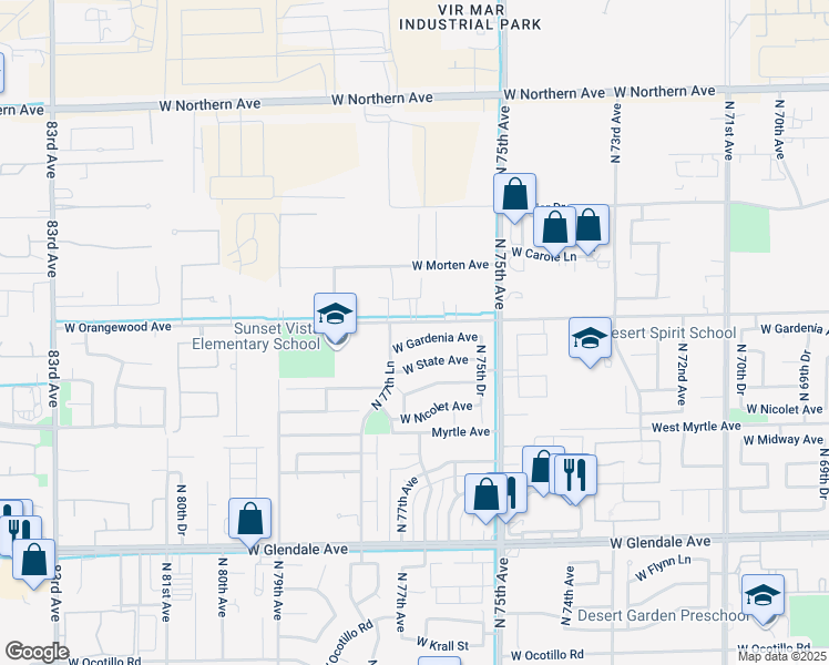 map of restaurants, bars, coffee shops, grocery stores, and more near 7616 West Gardenia Avenue in Glendale