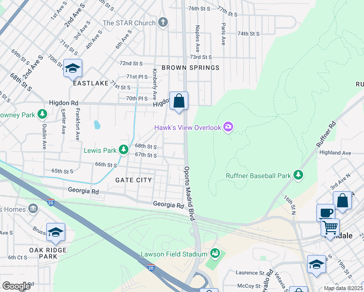 map of restaurants, bars, coffee shops, grocery stores, and more near 7731 68th Street South in Birmingham