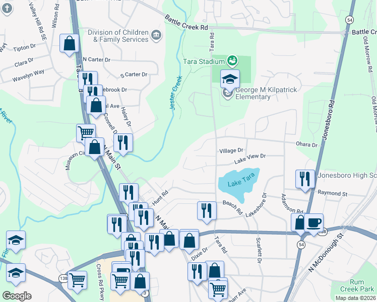 map of restaurants, bars, coffee shops, grocery stores, and more near 901 Olde Town Place in Jonesboro