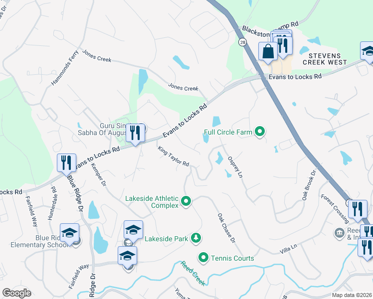map of restaurants, bars, coffee shops, grocery stores, and more near 531 Meldon Road in Evans