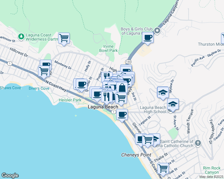 map of restaurants, bars, coffee shops, grocery stores, and more near 177 Lower Cliff Drive in Laguna Beach