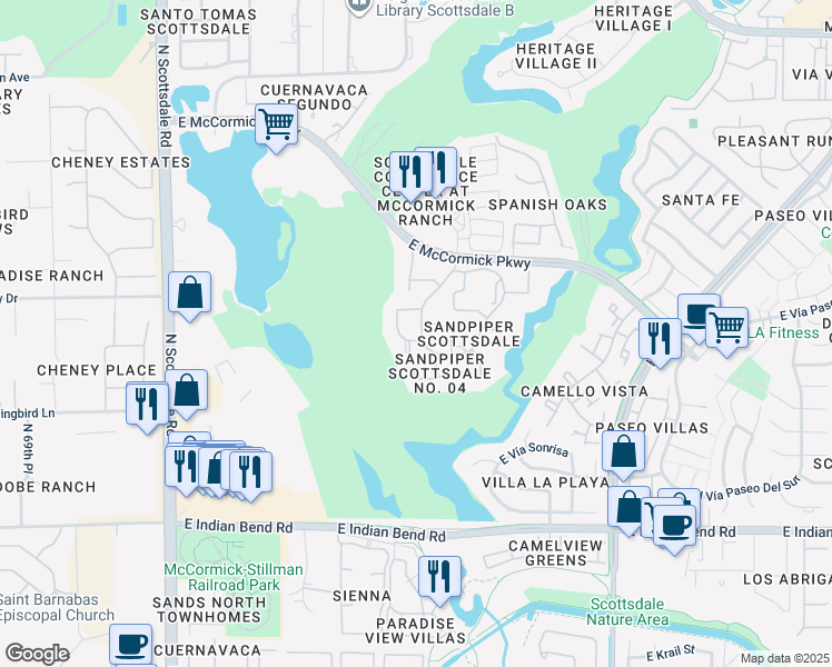 map of restaurants, bars, coffee shops, grocery stores, and more near 7410 North Tombstone Road in Scottsdale