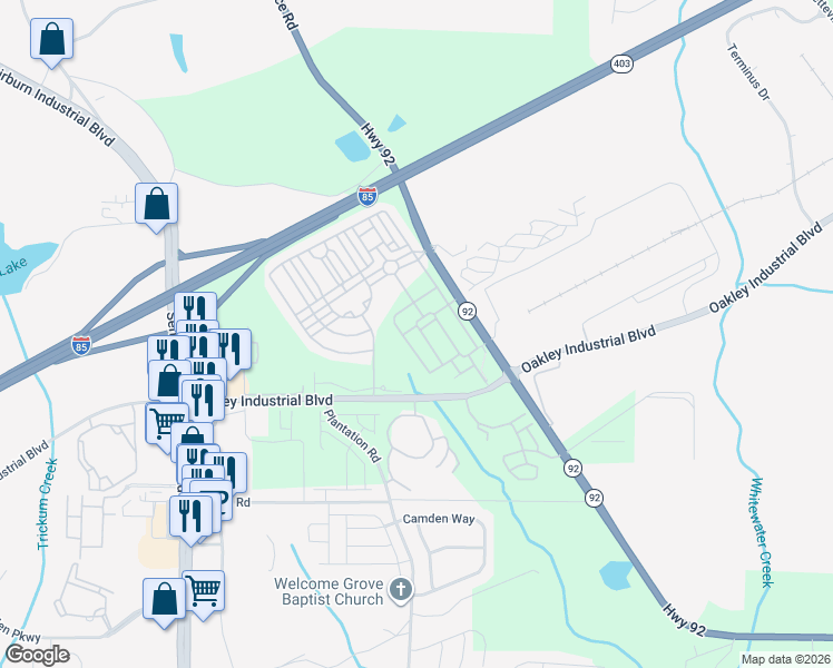 map of restaurants, bars, coffee shops, grocery stores, and more near 7766 Carnegie Drive in Fairburn