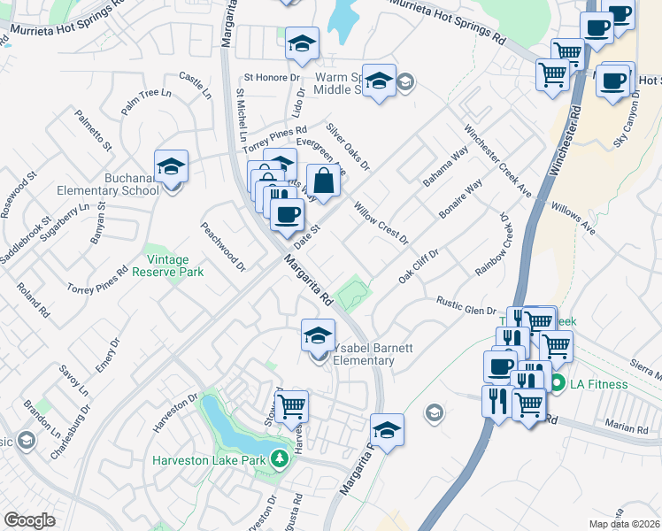 map of restaurants, bars, coffee shops, grocery stores, and more near 27145 Cherry Grove Court in Temecula