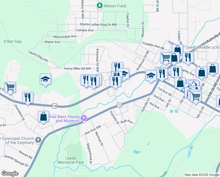 map of restaurants, bars, coffee shops, grocery stores, and more near 7501 Parkway Drive Southeast in Leeds