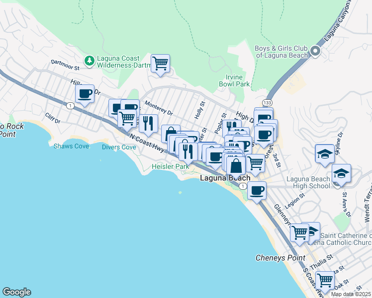 map of restaurants, bars, coffee shops, grocery stores, and more near 364 North Coast Highway in Laguna Beach