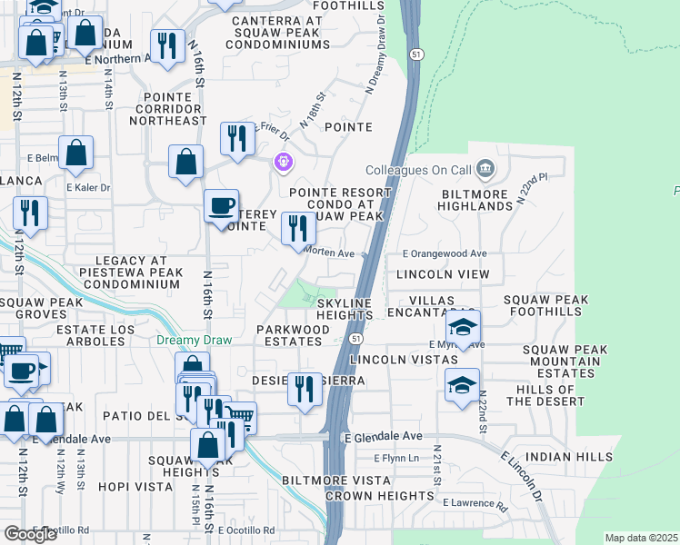 map of restaurants, bars, coffee shops, grocery stores, and more near 1829 East Morten Avenue in Phoenix
