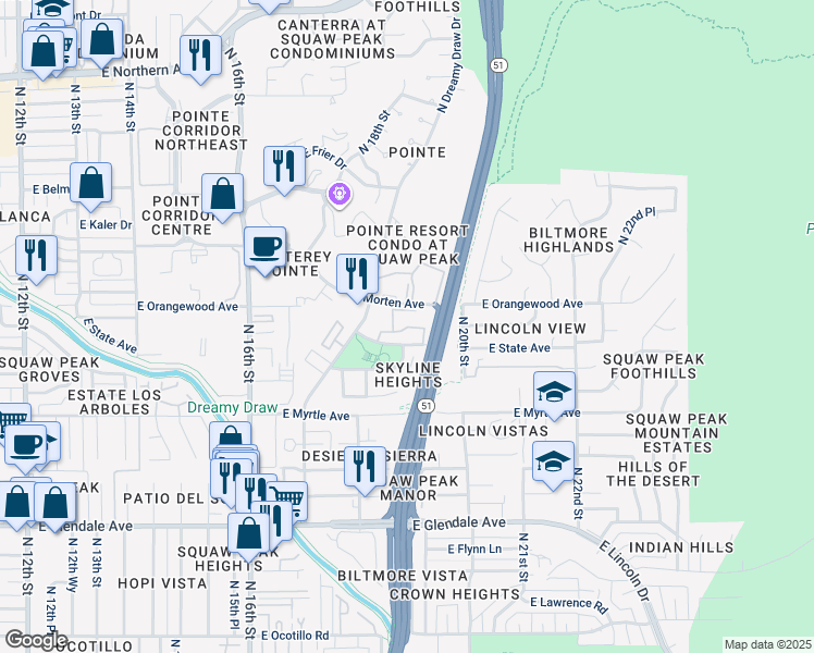 map of restaurants, bars, coffee shops, grocery stores, and more near 1829 East Morten Avenue in Phoenix