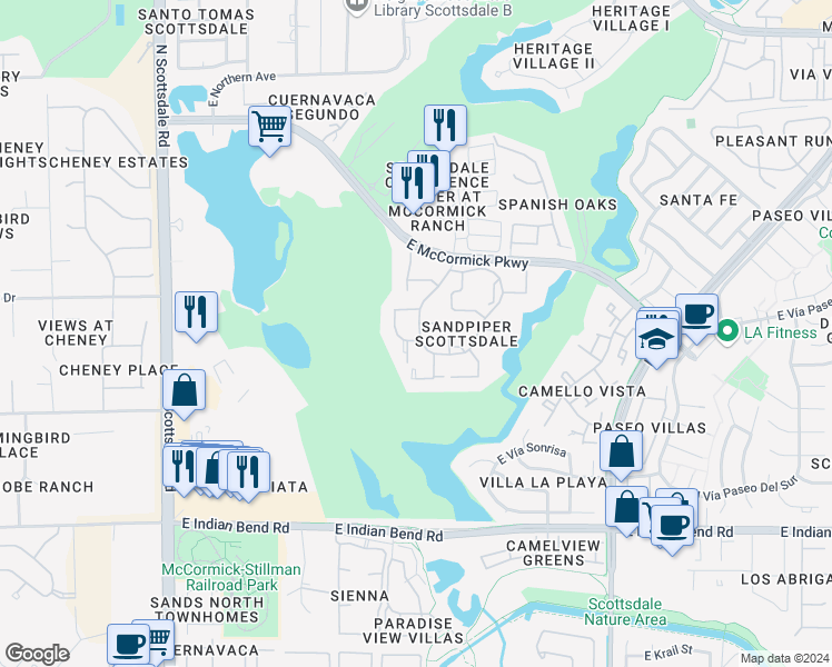 map of restaurants, bars, coffee shops, grocery stores, and more near 7410 North Tombstone Road in Scottsdale