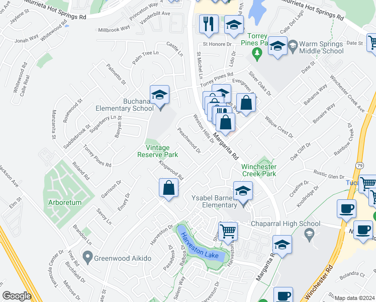 map of restaurants, bars, coffee shops, grocery stores, and more near 26742 Trafalgar Way in Murrieta