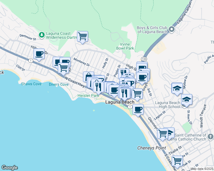 map of restaurants, bars, coffee shops, grocery stores, and more near 281 Cypress Drive in Laguna Beach