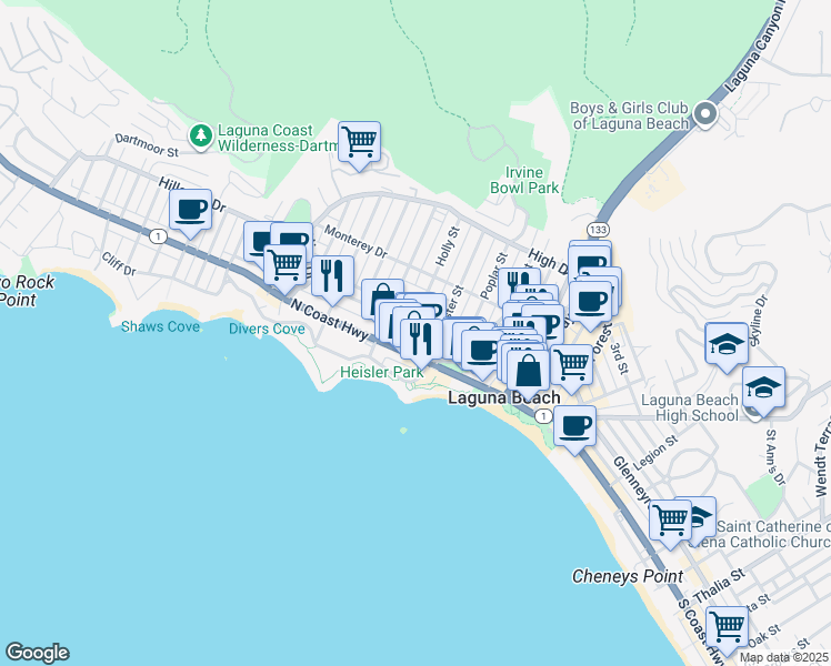 map of restaurants, bars, coffee shops, grocery stores, and more near 364 North Coast Highway in Laguna Beach
