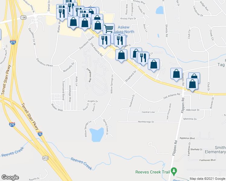 map of restaurants, bars, coffee shops, grocery stores, and more near 119 Willow Springs Lane in Stockbridge