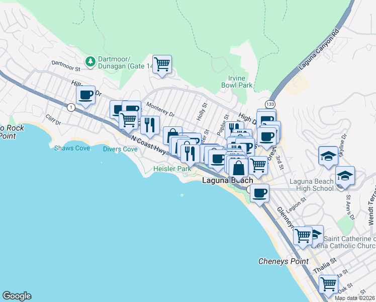 map of restaurants, bars, coffee shops, grocery stores, and more near 335 Cypress Drive in Laguna Beach