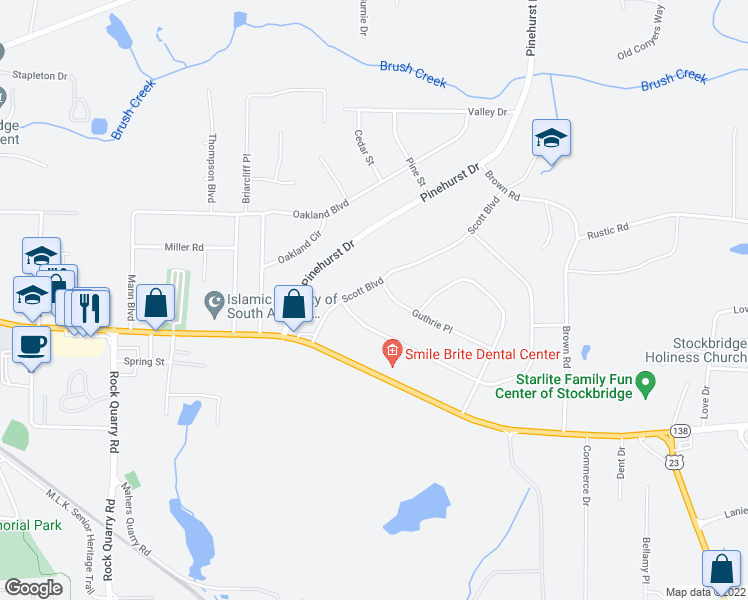map of restaurants, bars, coffee shops, grocery stores, and more near 80 Scott Boulevard in Stockbridge