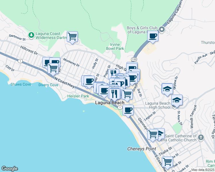 map of restaurants, bars, coffee shops, grocery stores, and more near in Laguna Beach