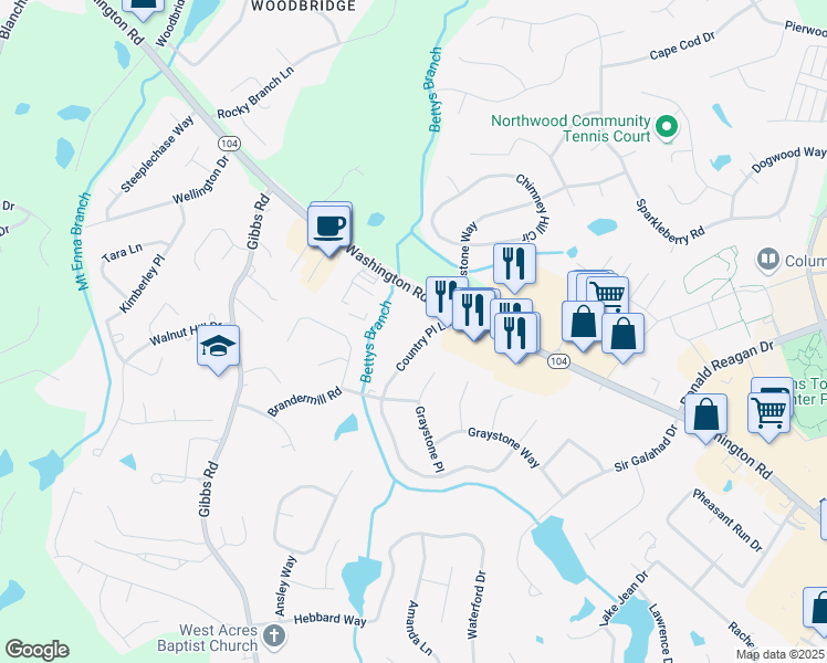 map of restaurants, bars, coffee shops, grocery stores, and more near 598 Country Place Lane in Evans