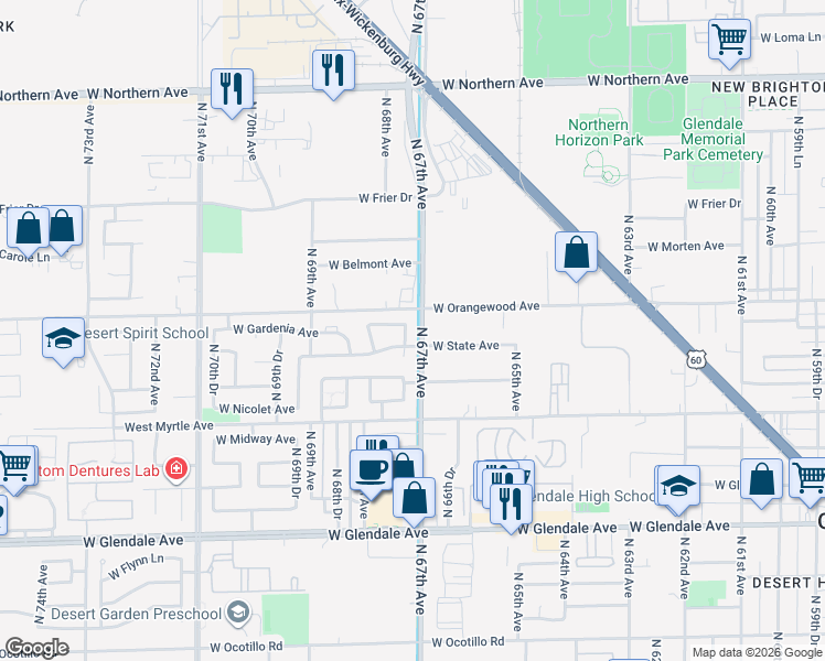 map of restaurants, bars, coffee shops, grocery stores, and more near 7417 North 67th Drive in Glendale