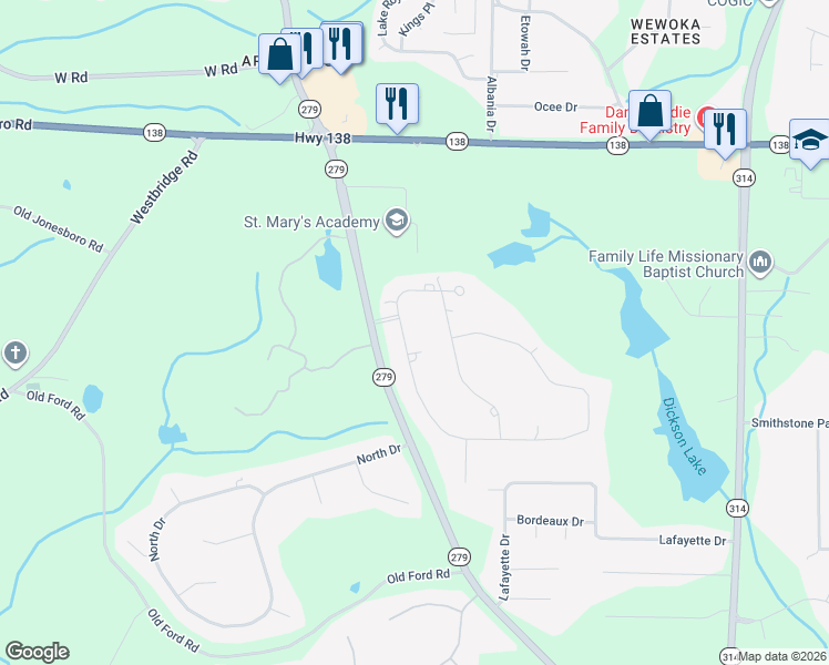 map of restaurants, bars, coffee shops, grocery stores, and more near 190 Dix Lee On Drive in Fayetteville