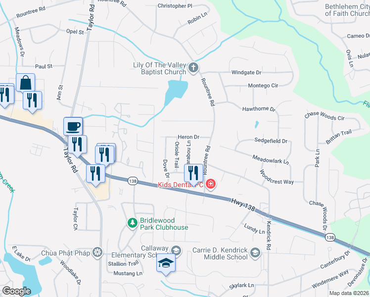 map of restaurants, bars, coffee shops, grocery stores, and more near 7709 Marabou Lane in Riverdale