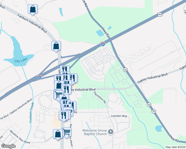 map of restaurants, bars, coffee shops, grocery stores, and more near 7731 Bucknell Terrace in Fairburn