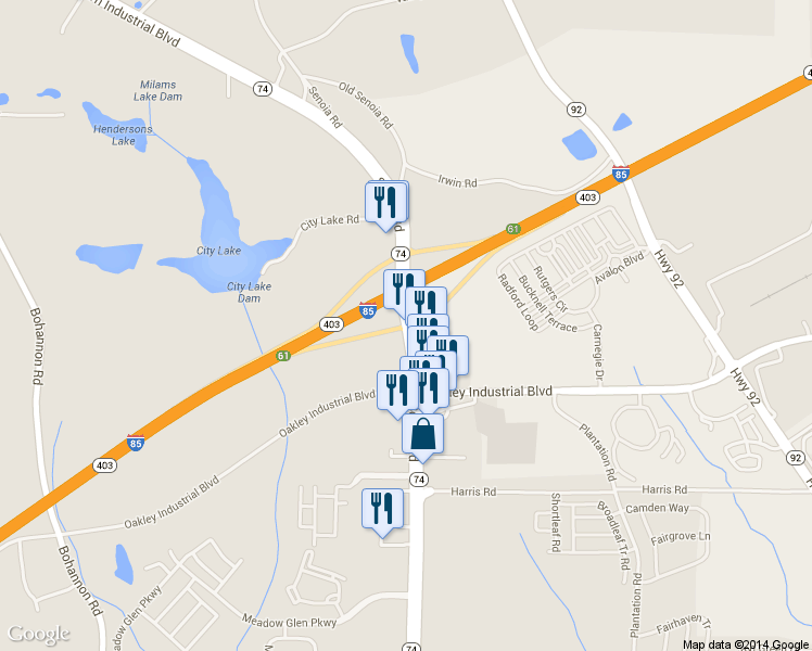 map of restaurants, bars, coffee shops, grocery stores, and more near 7835 Senoia Road in Fairburn