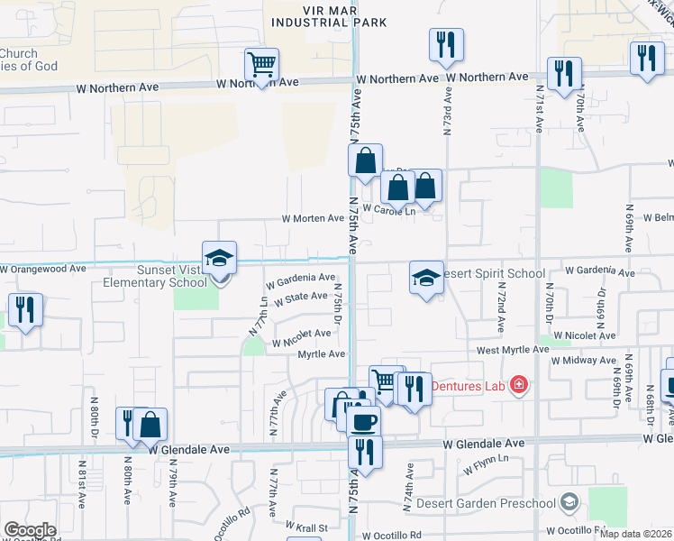 map of restaurants, bars, coffee shops, grocery stores, and more near 7425 North 75th Drive in Glendale