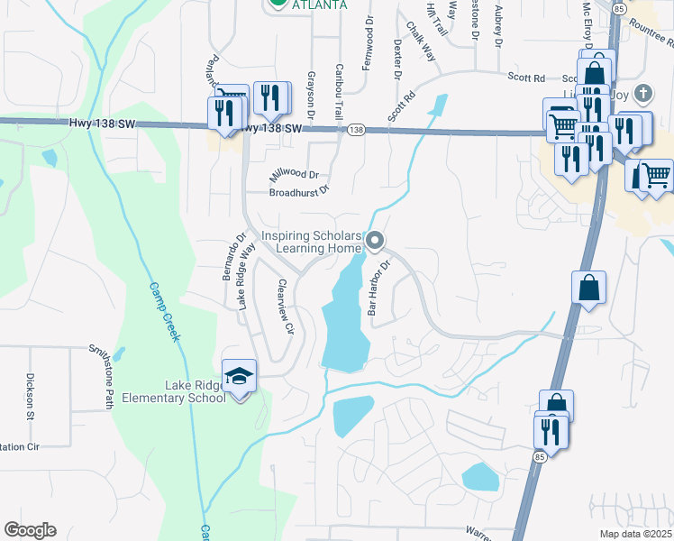 map of restaurants, bars, coffee shops, grocery stores, and more near 7706 Lakeshore Court in Riverdale
