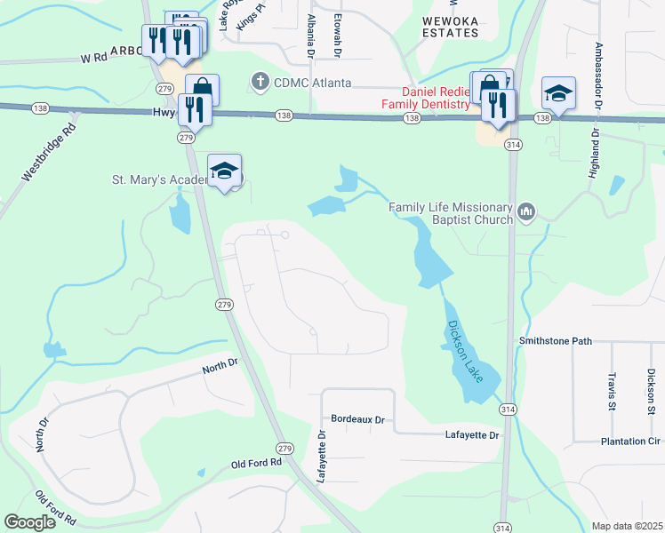 map of restaurants, bars, coffee shops, grocery stores, and more near 485 Dix Lee On Drive in Fairburn