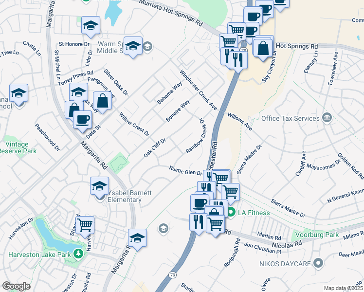 map of restaurants, bars, coffee shops, grocery stores, and more near 27171 Rainbow Creek Drive in Temecula