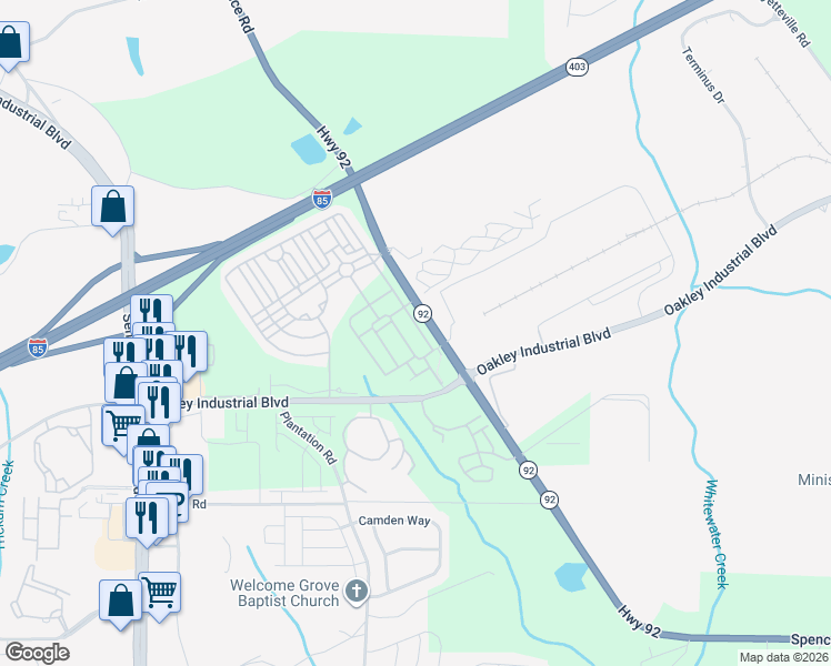 map of restaurants, bars, coffee shops, grocery stores, and more near 3591-7401 Highway 92 in Fairburn