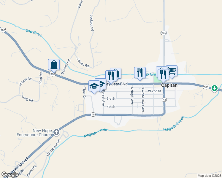 map of restaurants, bars, coffee shops, grocery stores, and more near 433 West 2nd Street in Capitan