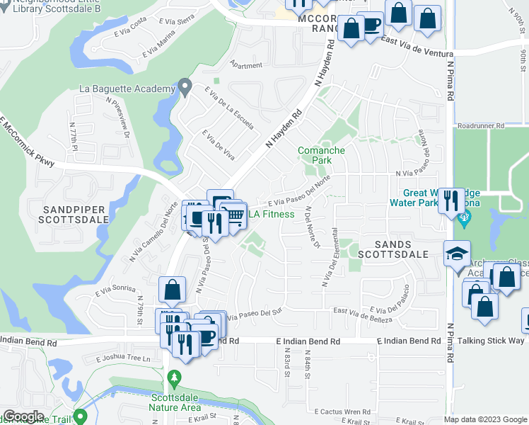 map of restaurants, bars, coffee shops, grocery stores, and more near 8333 East Vía Paseo Del Norte in Scottsdale
