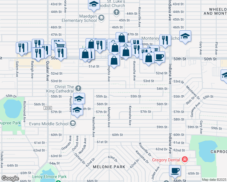 map of restaurants, bars, coffee shops, grocery stores, and more near 3802 55th Street in Lubbock
