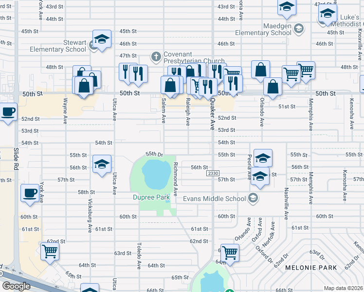 map of restaurants, bars, coffee shops, grocery stores, and more near 4512 55th Street in Lubbock