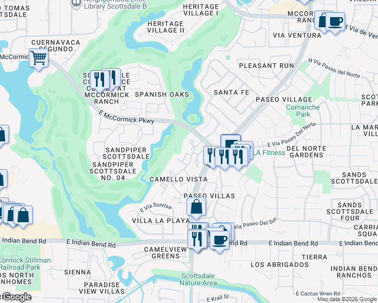 map of restaurants, bars, coffee shops, grocery stores, and more near 7352 North Vía Camello Del Norte in Scottsdale