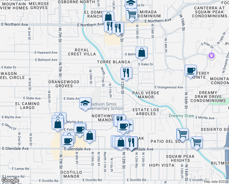 map of restaurants, bars, coffee shops, grocery stores, and more near 1115 East Gardenia Drive in Phoenix