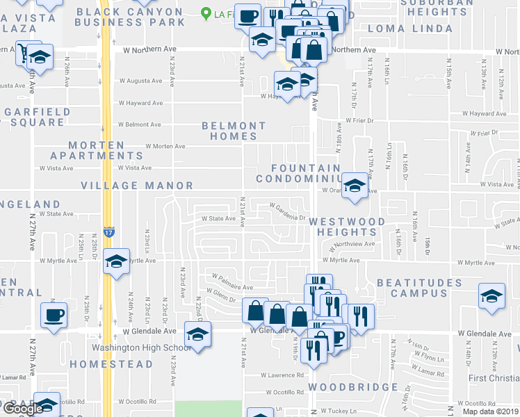 map of restaurants, bars, coffee shops, grocery stores, and more near 2012 West State Avenue in Phoenix