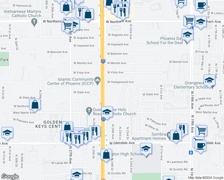 map of restaurants, bars, coffee shops, grocery stores, and more near 7315 North Black Canyon Highway in Phoenix