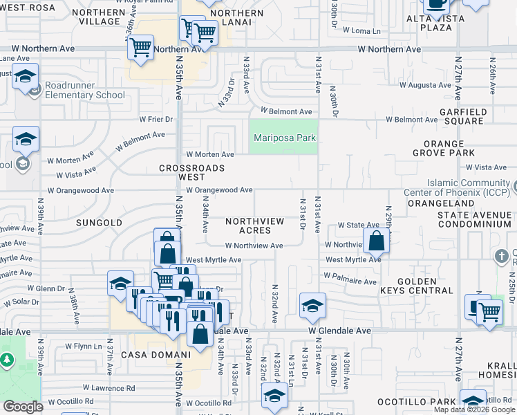 map of restaurants, bars, coffee shops, grocery stores, and more near 3250 West State Avenue in Phoenix