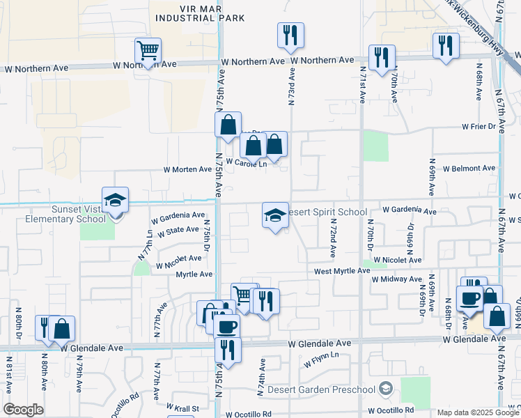 map of restaurants, bars, coffee shops, grocery stores, and more near 7285-7499 W Orangewood Ave in Glendale