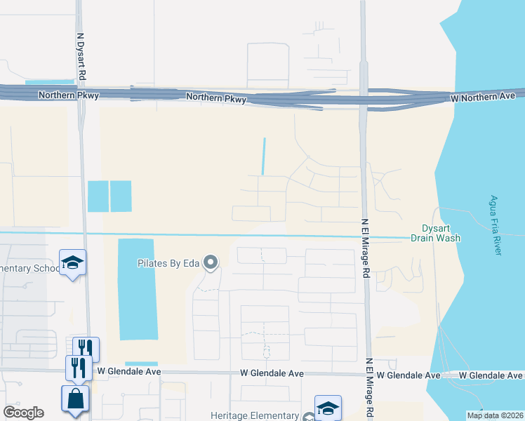map of restaurants, bars, coffee shops, grocery stores, and more near 7489-7725 N El Mirage Rd in Glendale