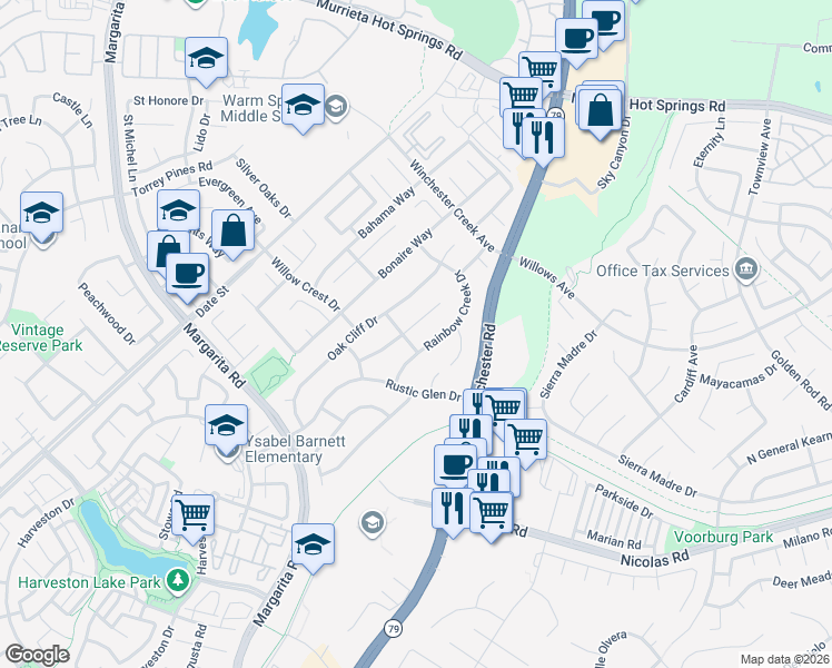 map of restaurants, bars, coffee shops, grocery stores, and more near 27171 Rainbow Creek Drive in Temecula